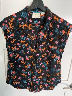 Maeve Black Floral & Monkey Print Button-Down Cap-Sleeve Top